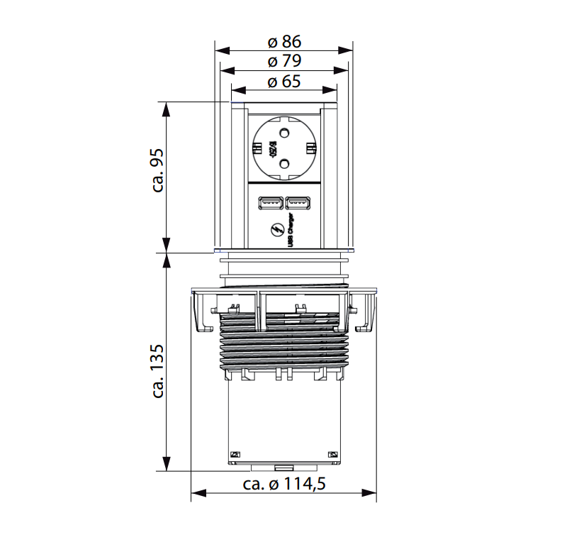 Elevator stopcontact rvs/zwart - Met USB lader.