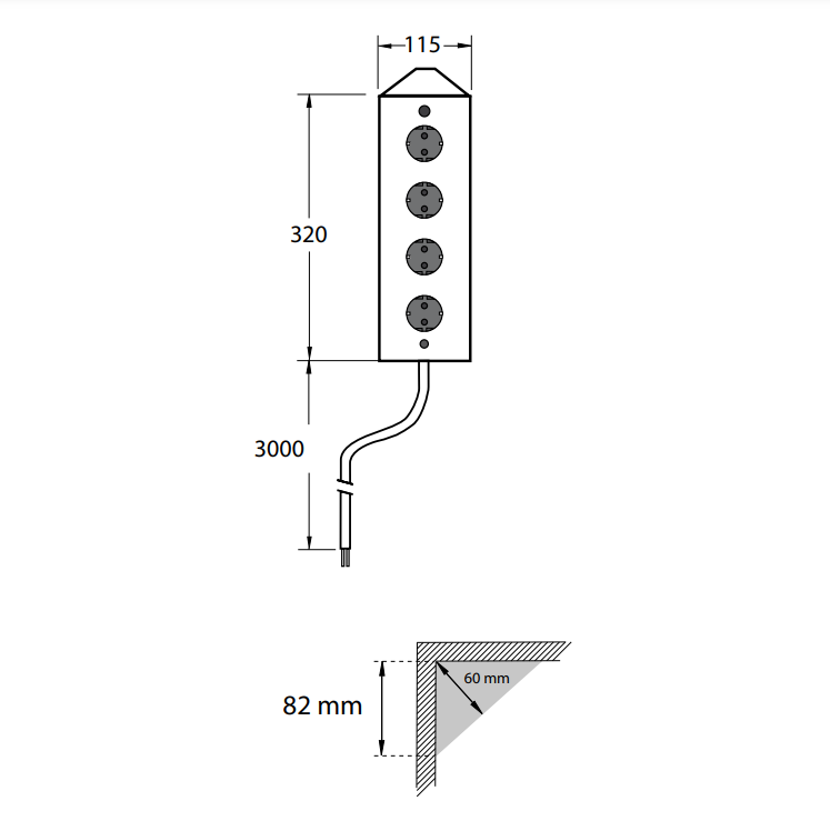 Energie-hoekzuil 4ST 320 stopcontact rvs.